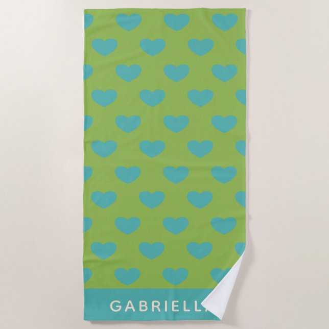 Lime Green Blue Cute Heart Pattern Personalized Beach Towel (Front)