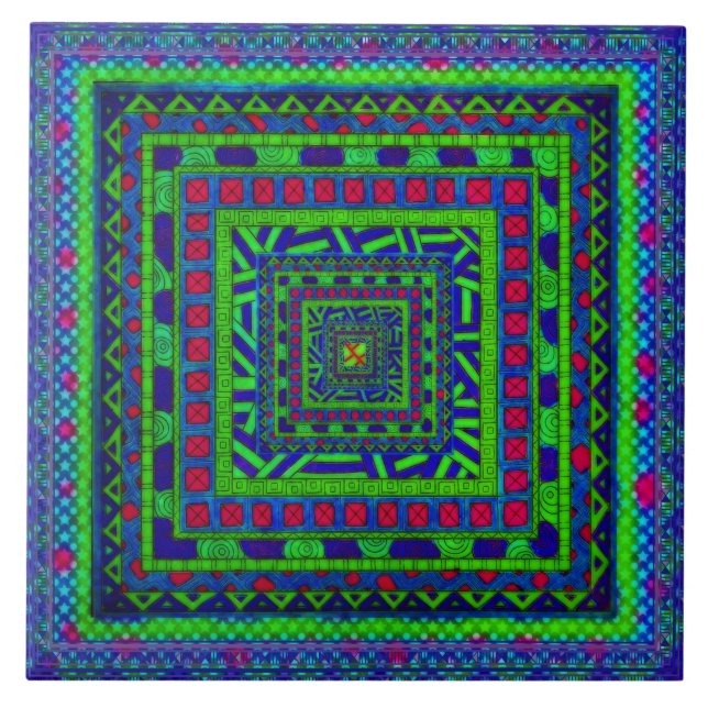 Lime Green Blue Red Aztec Tribal Squares Pattern Tile (Front)