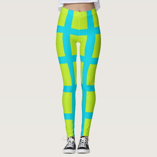 Lime Green Blue Square Pattern Yoga Pants Leggings (Front)