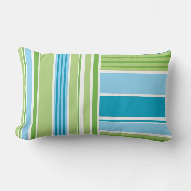 Lime Green Blue Striped Lines Lumbar Pillow (Front)