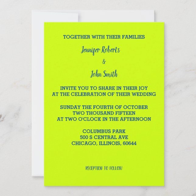 Lime Green Blue Wedding Bright Colorful Simple Invitation (Front)