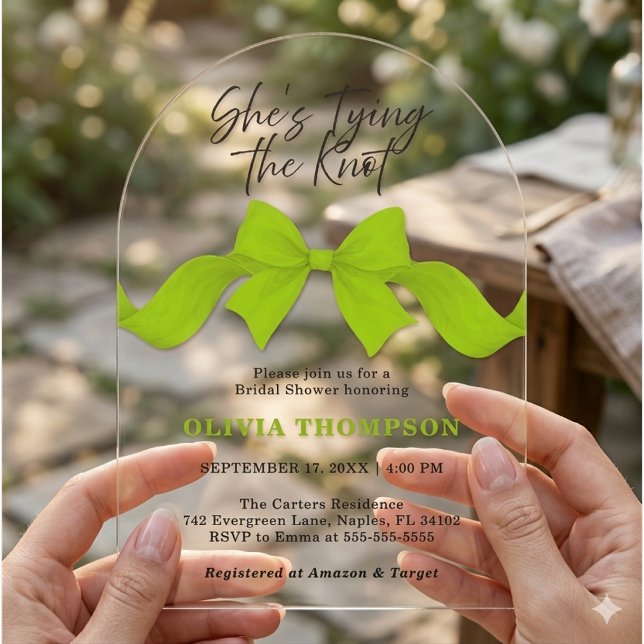 Lime Green Bow Bridal Shower She's Tying the Knot  Acrylic Invitations (Creator Uploaded)