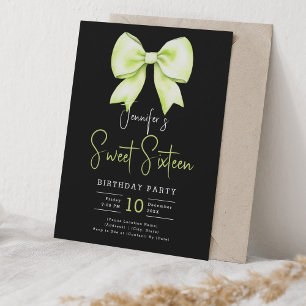 Lime Green Bow Coquette Script Sweet 16 Black Invitation