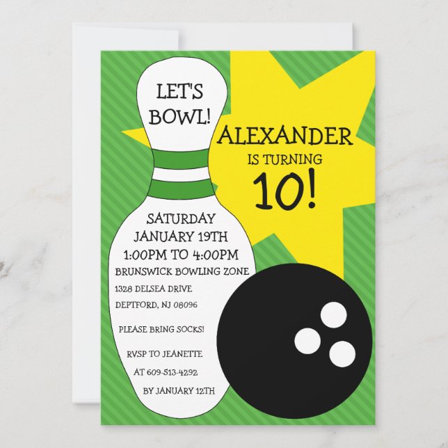Lime Green Bowling Bash Bowling Birthday Party Invitation (Front)
