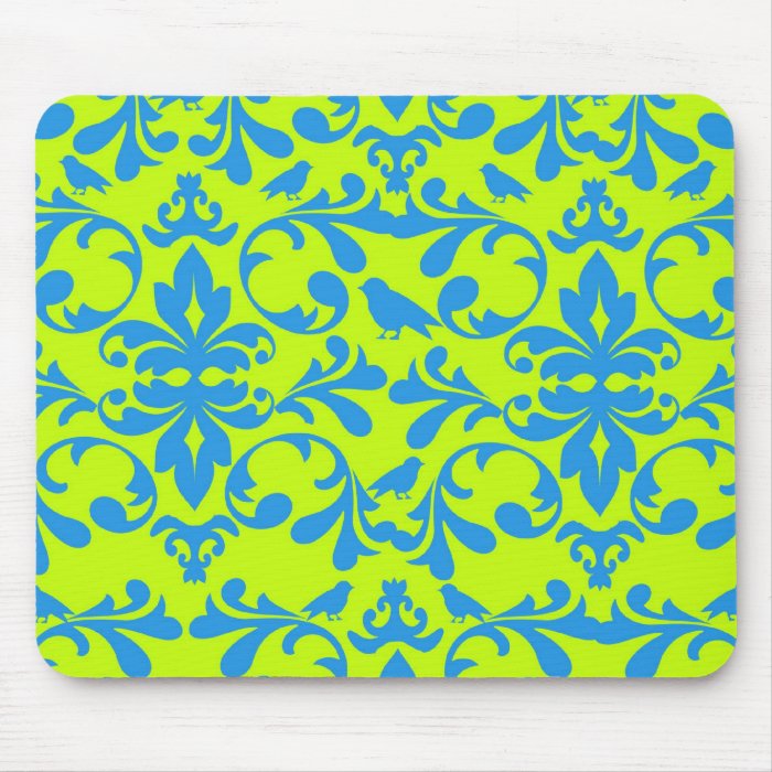 lime green bright blue bird damask pattern mouse pad