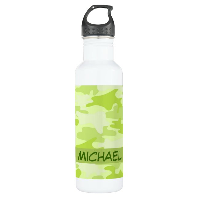 Lime Green Camo Camouflage Custom Stainless Steel Water Bottle (Front)
