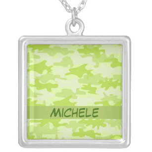 Lime Green Camo Camouflage Name Personalized Silver Plated Necklace