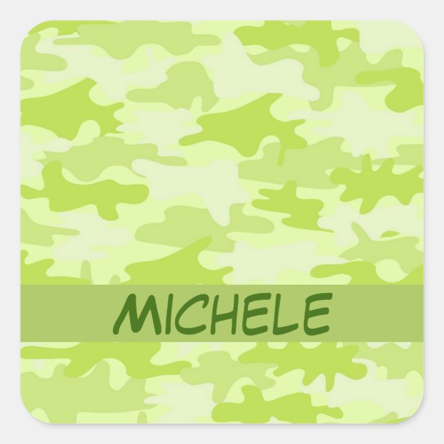 Lime Green Camo Camouflage Name Personalized Square Sticker (Front)