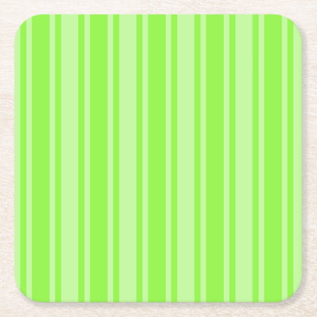 Lime green candy stripes square paper coaster (Front)