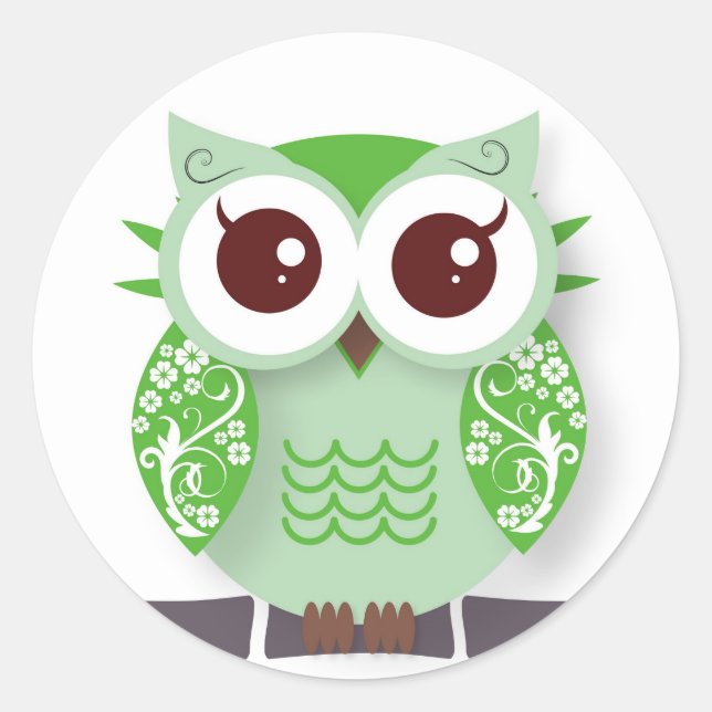 Lime green cartoon owl classic round sticker (Front)
