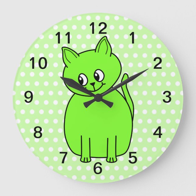 Lime Green Cat. Large Clock (Front)