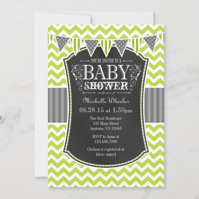 Lime Green Chalkboard Chevron Baby Shower Invite (Front)