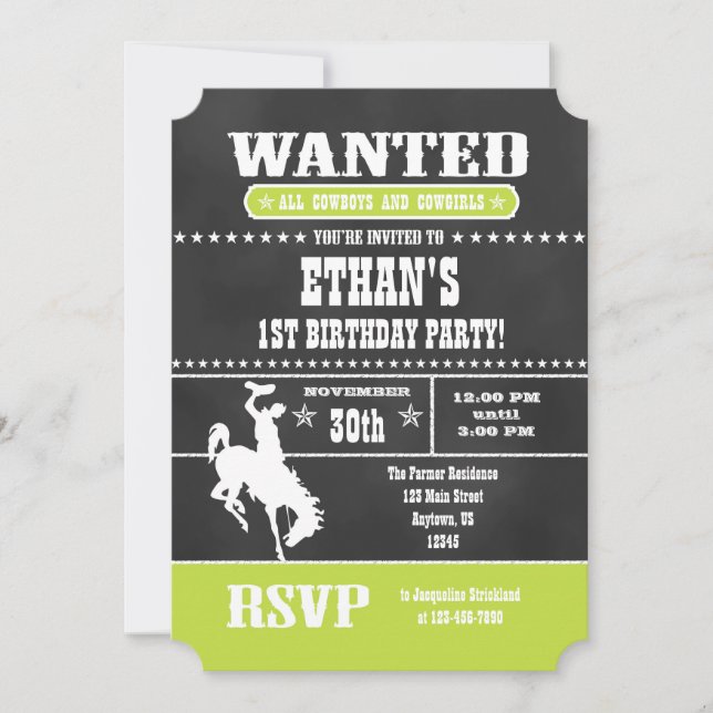 Lime Green Chalkboard Cowboy Birthday Invitation (Front)
