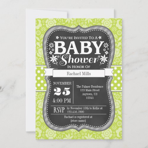 Lime Green Chalkboard Floral Baby Shower Invite