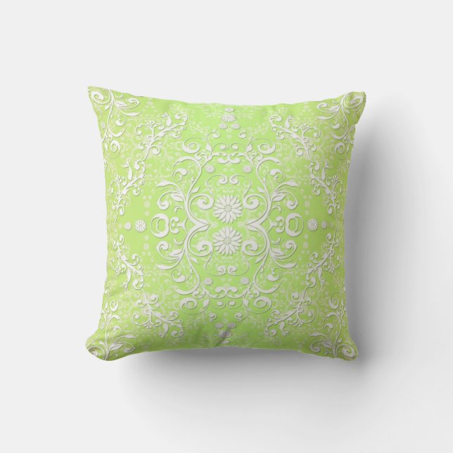 Lime Green Chartreuse Floral Damask Throw Pillow (Front)