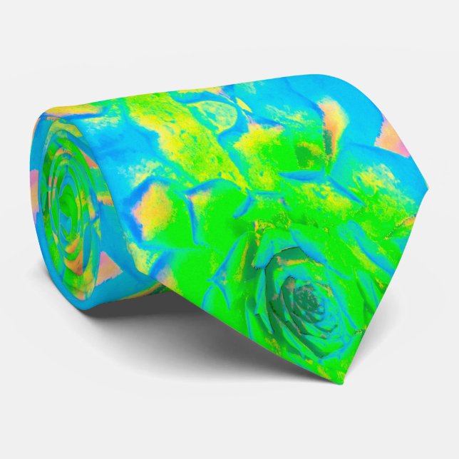 Lime Green Chartreuse Succulent Sedum Rosette Neck Tie (Rolled)