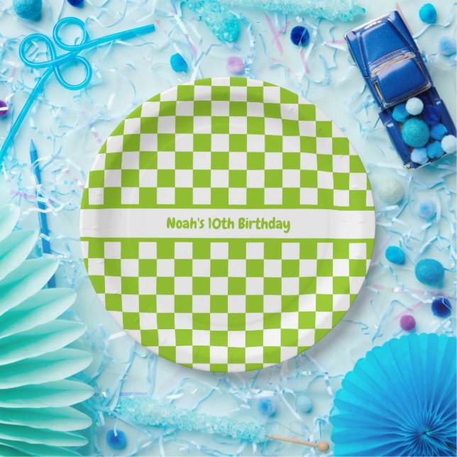 Lime Green Checked Pattern Personalized Paper Plates (Party)