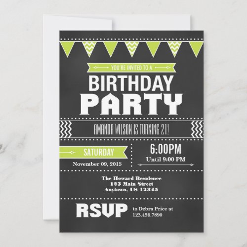 Lime Green Chevron Chalkboard Birthday Invitation