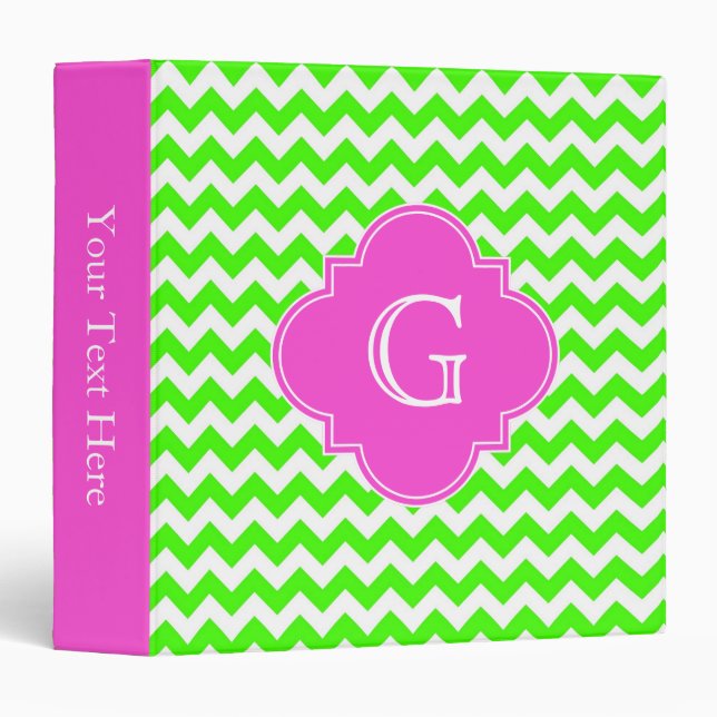 Lime Green Chevron Hot Pink Quatrefoil Monogram Binder (Front/Spine)
