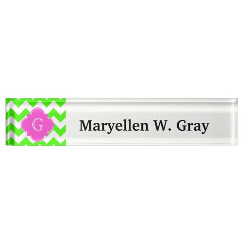 Lime Green Chevron Hot Pink Quatrefoil Monogram Name Plate