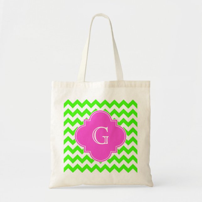 Lime Green Chevron Hot Pink Quatrefoil Monogram Tote Bag (Front)