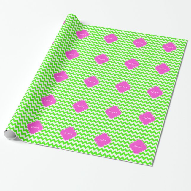 Lime Green Chevron Hot Pink Quatrefoil Monogram Wrapping Paper (Unrolled)