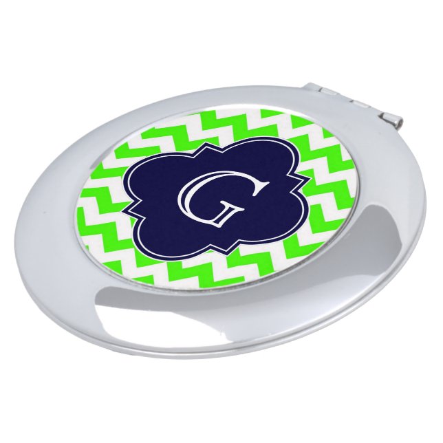 Lime Green Chevron Navy Blue Quatrefoil Monogram Mirror For Makeup (Turned)