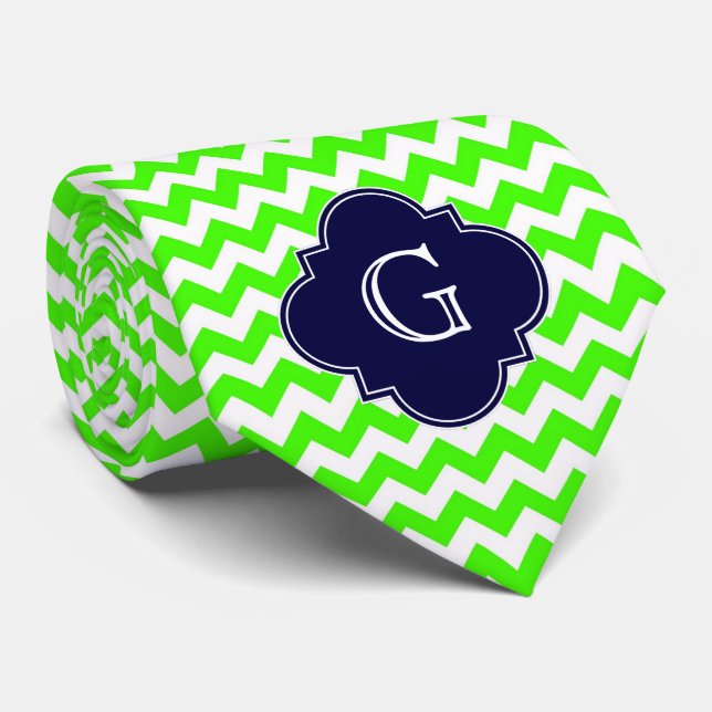 Lime Green Chevron Navy Blue Quatrefoil Monogram Neck Tie (Rolled)