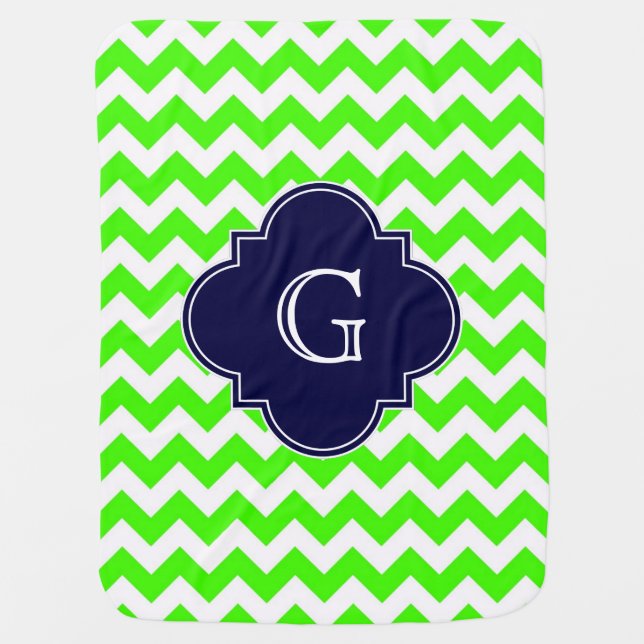 Lime Green Chevron Navy Blue Quatrefoil Monogram Receiving Blanket (Front)