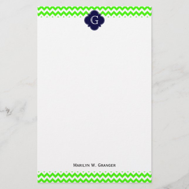 Lime Green Chevron Navy Blue Quatrefoil Monogram Stationery (Front)