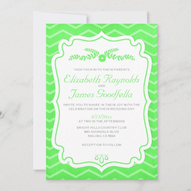 Lime Green Chevron Stripes Wedding Invitations (Front)