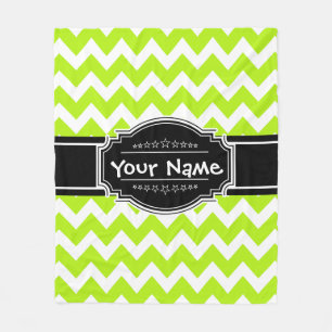 Lime Green Chevron with Black Personalized Name Fleece Blanket