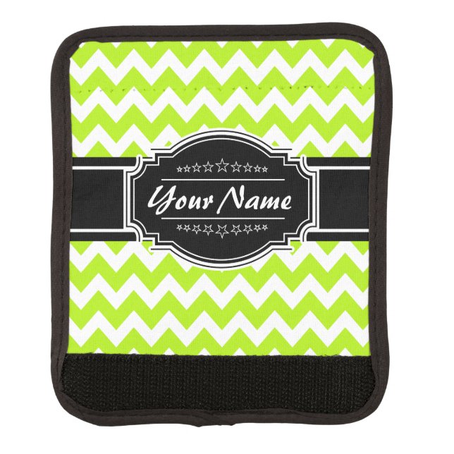 Lime Green Chevron with Black Personalized Name Luggage Handle Wrap (Front)