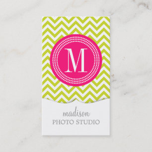Lime Green Chevron Zigzag Personalized Monogram Business Card