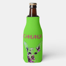 Lime Green Chihuahua Themed Bottle Cooler