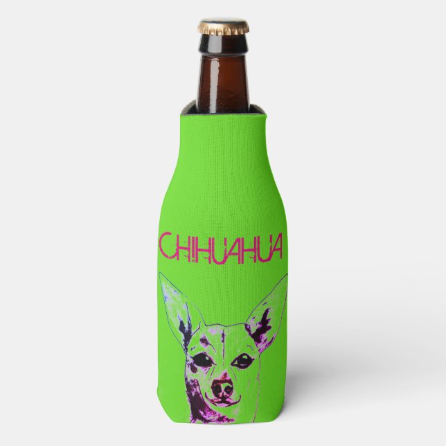 Lime Green Chihuahua Themed Bottle Cooler (Bottle Front)