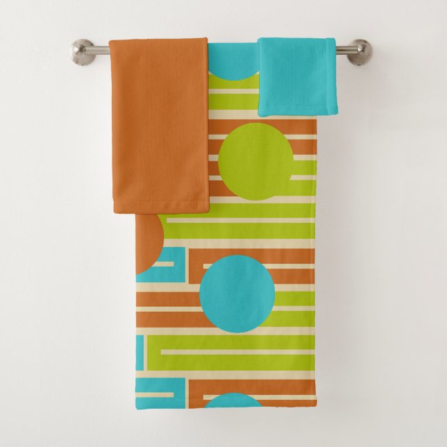Lime Green, Cinnamon Brown, Turquoise Rectangles B Bath Towel Set (Insitu)
