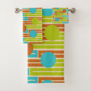 Lime Green, Cinnamon Brown, Turquoise Rectangles Bath Towel Set