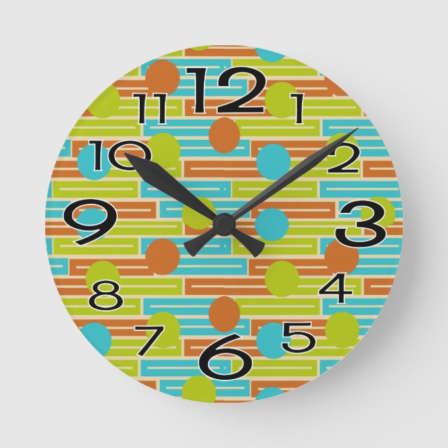 Lime Green, Cinnamon Brown, Turquoise Rectangles Round Clock (Front)