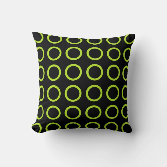 Lime Green Circles Black Throw Pillow (Front)