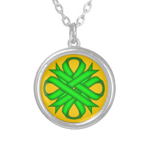 Lime Green Clover Ribbon by Kenneth Yoncich Silver Plated Necklace