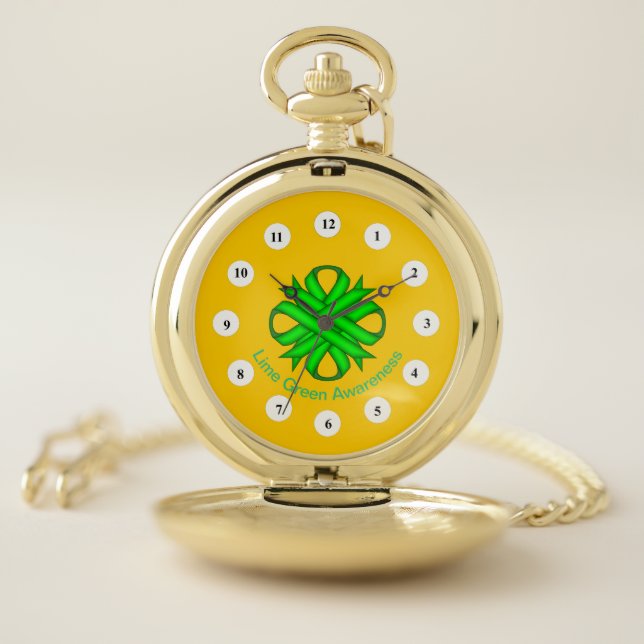 Lime Green Clover Ribbon (Cf) by K Yoncich Pocket Watch (Inside)