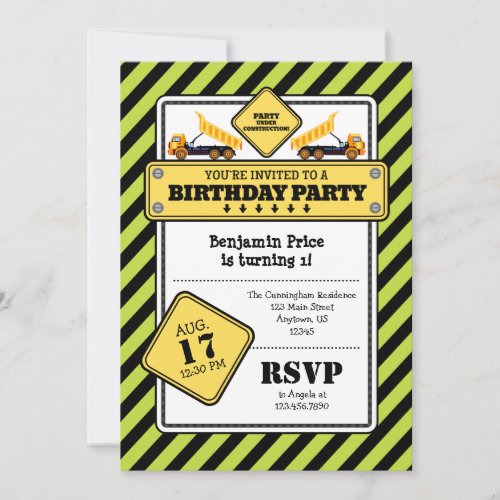 Lime Green Construction Birthday Invitation