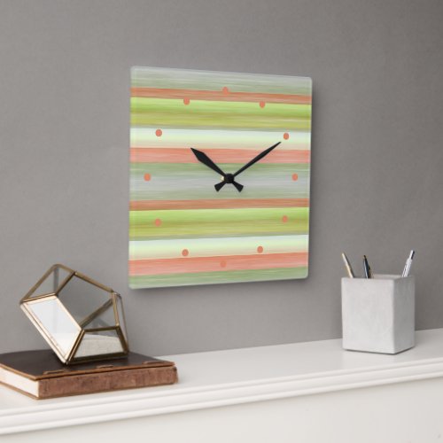 Lime Green Coral Orange Watercolor Stripes Pattern Square Wall Clock
