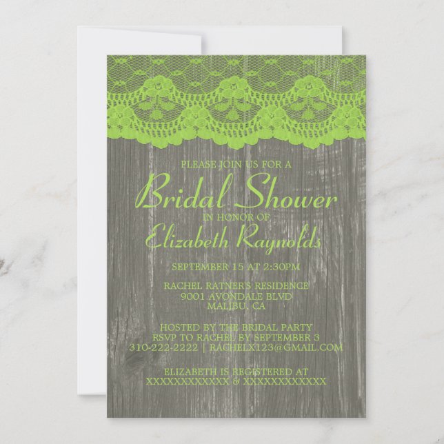 Lime Green Country Lace Bridal Shower Invitations (Front)