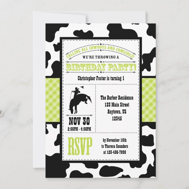Lime Green Cowhide Cowboy Birthday Invitation (Front)