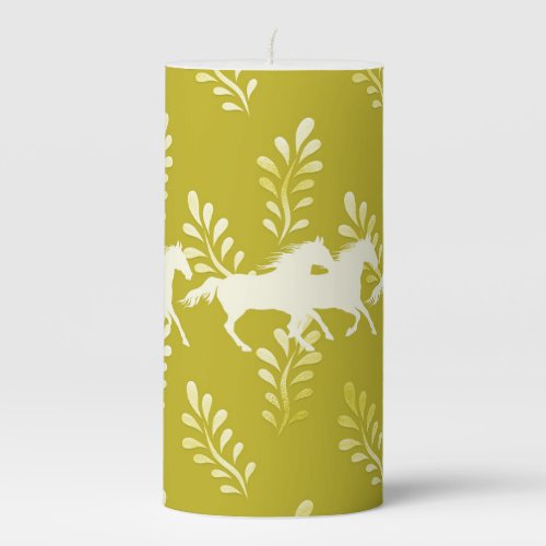 Lime Green  Cream Leaves  Galloping Horses Pillar Candle