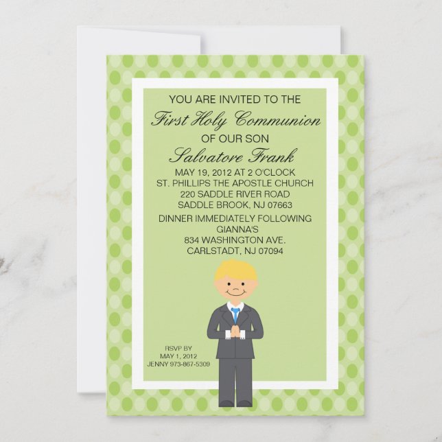 Lime Green Cute First  Communion Boy Invitation (Front)