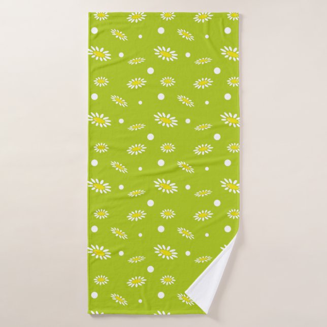 Lime Green Daisy Polka Dot Retro Spring Pattern Bath Towel (Bath Towel)