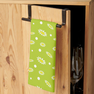 Lime Green Daisy Polka Dot Retro Spring Pattern Kitchen Towel